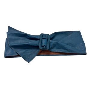 Vintage 80s Style Womens Blue Leather Obi Bow Japanese Inspired Wide Waist Belt